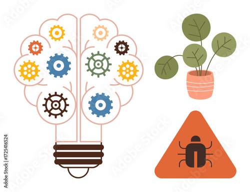 Lightbulb filled with gears next to a potted plant and warning triangle with bug. Ideal for innovation, troubleshooting, nature, growth, engineering, creativity, and sustainability. Simple flat