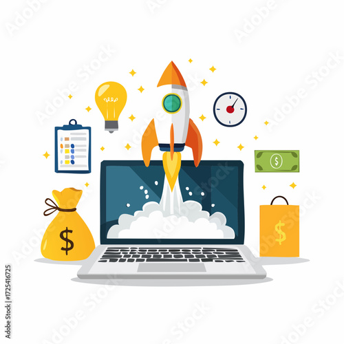 Business startup launch, rocket on laptop screen.