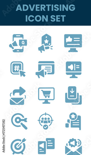Advertising icon set. Marketing, promotion, branding, campaign, billboard, banner, announcement. Solid vector icons collection.