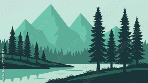 Evergreen trees create a stunning silhouette with the mountains and lake creating a peaceful landscape
