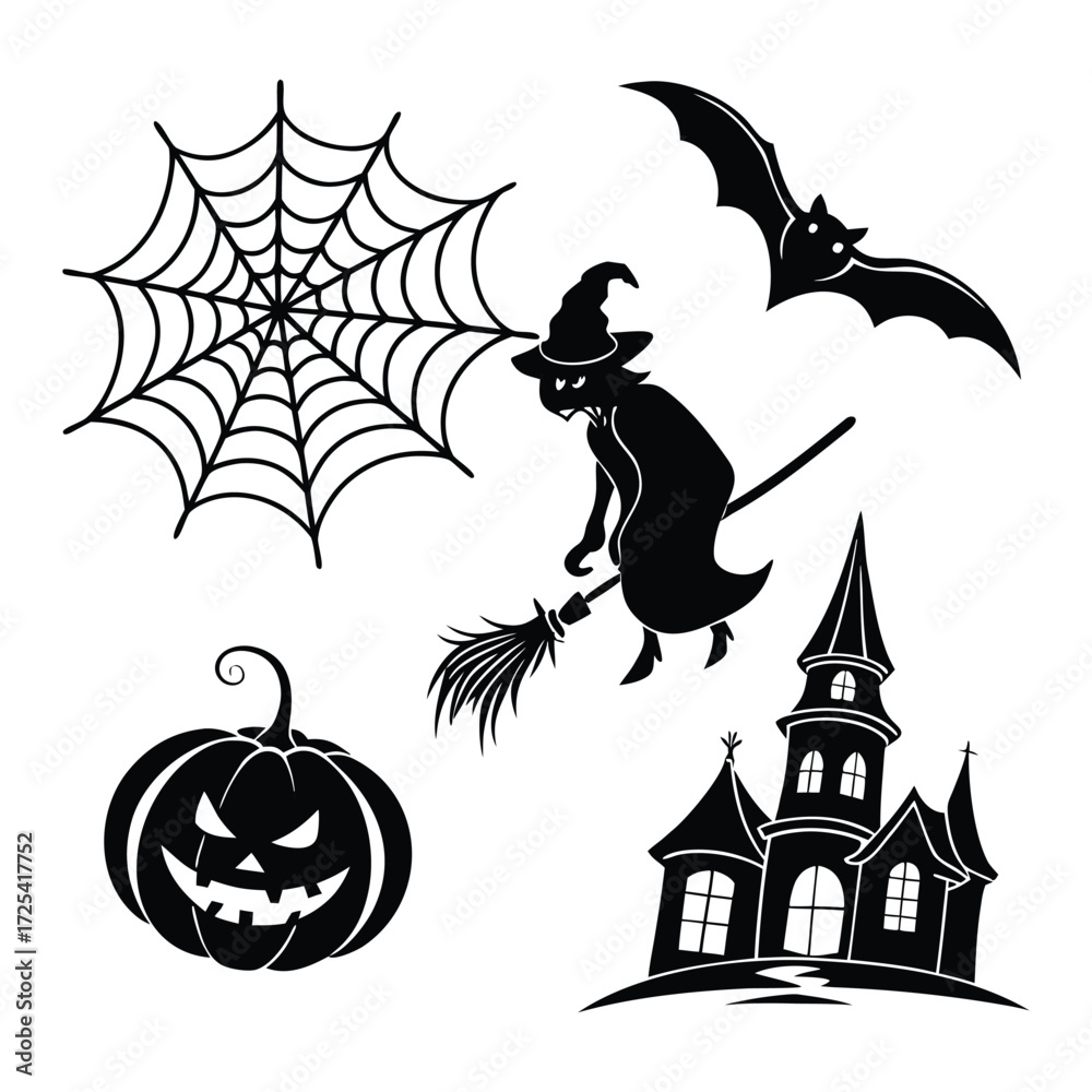 Fototapeta premium Black Halloween Icons Silhouette of Witch Flying on Broomstick on White Background