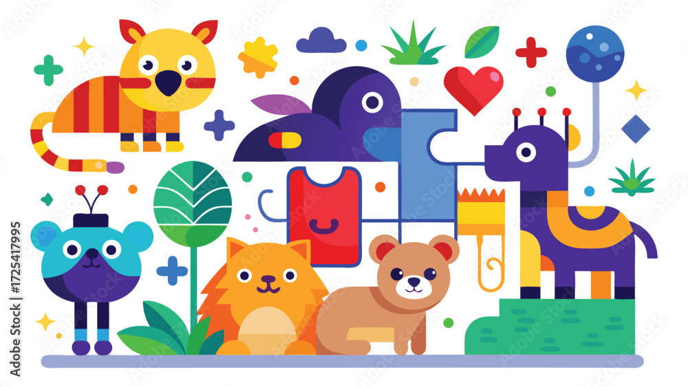 Naklejka premium Collection of colorful flat design cartoon animals and objects. Vector pictograms of a cartoon, animals, objects, cat, lion, bear animal, baby, funny, dog, bird, owl, pet, rabbit, tiger illustration.