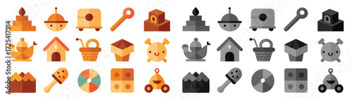 Handcrafted wooden, colorful, and grayscale flat icons of toys and buildings with blocks. Including toy, icon, building block, toy car, toy, cake, box, depicting, rocket, icons, airplane elements. 