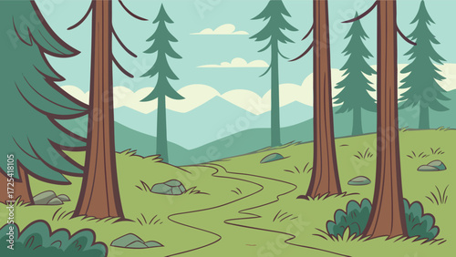 Tranquil forest pathway winding through green grassy hills under a pastel sky reveals peace