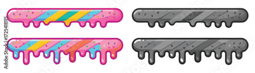 Colorful and Gray Dripping Candy Bar Designs. These vector pictograms of a sweet dessert, prickles, gray, black, dripping, melted, icing, glaze, confectionery, sugar, snack, illustration. 