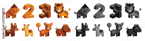 Handcrafted wooden wild animals in Orange and Gray Tones on White Background. Including animal, zoo, safari, farm, wildlife, lion, horse, cartoon, dog, baby, cat, pet, child, bear, toy illustration. 