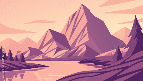 Geometric mountain peak with sunset sky and reflection in the lake makes an incredible scene