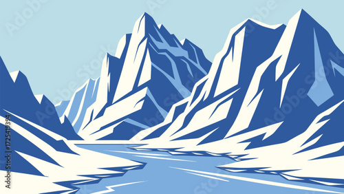 Snowy mountains and blue rivers create a cold landscape with lightblue shaded sky