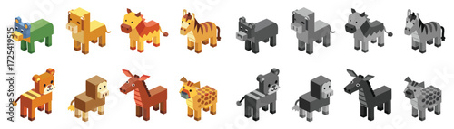 Handcrafted wooden block Style Cartoon Animals Collection on zebra, giraffe, lion, tiger, bear, horse, donkey, cow, safari, zoo, wild, domestic, cub, white background vector illustration. 