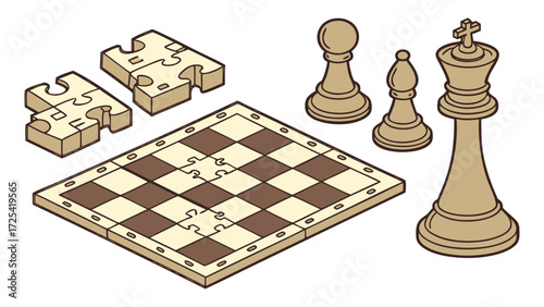 Chess Board with Puzzle Pieces and Chess Pieces. These vector pictograms of an abstract board game, chess, chess piece, chess set illustration. 