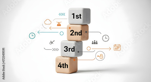 Task priority and management concept. The order of priority in any activity. Set work priority, arrange to do list. Wooden cubes with number first, second, third and fourth.