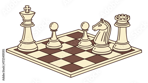 Chess Pieces and Board with King, Pawn, Knight, and Rook.  Collection of abstract, board game, chess, chess piece, chess set illustration. 