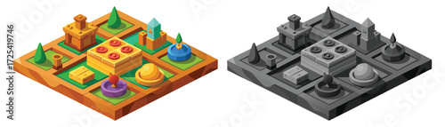 Handcrafted wooden Fantasy Game Board. These vector pictograms of a  game, equipment, metal, old, power, card, car, electronic, train, business, chip, board game, and isometric illustration. 