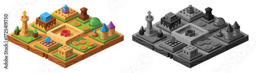 Wooden handcrafted Fantasy Game Board. These vector pictograms of a  game, equipment, metal, old, power, card, car, electronic, train, business, chip, board game, and isometric illustration. 