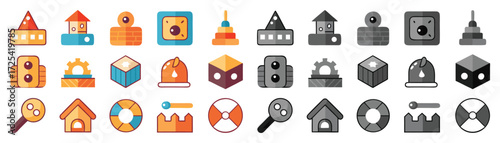 Handcrafted Isometric Game Icons of Buildings, Objects, and Tools in Color and Grayscale. isometric, game, icon, set, building illustration. 