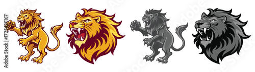 Wallpaper Mural Roaring lion in full body and head. These vector pictograms of an animal, wild, king, predator, feline, mammal, roar, aggressive, powerful, fierce, majestic, mane, head illustration.  Torontodigital.ca