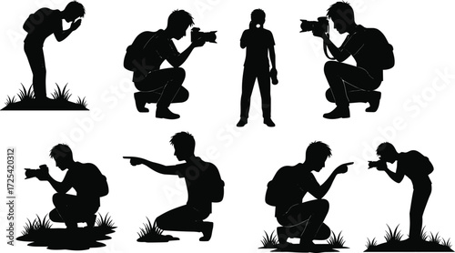 Photography silhouettes, outdoor photographer with child, camera posture, family photo shoot, creative hobby, human gesture, lifestyle art, field illustration