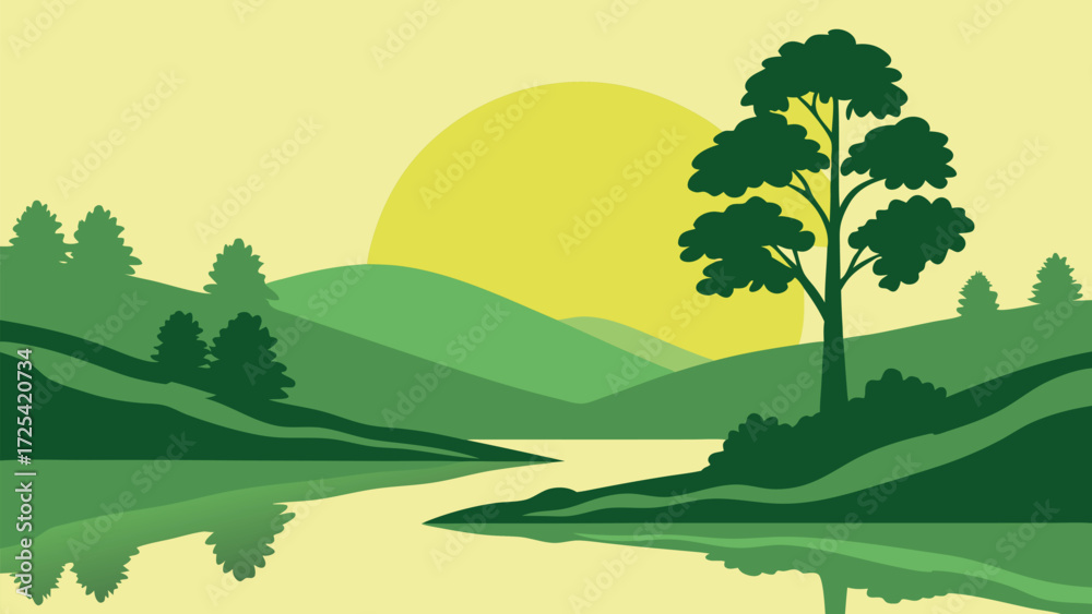 Obraz premium Tranquil mountain landscape displays serene reflections and a bright sun against the light background