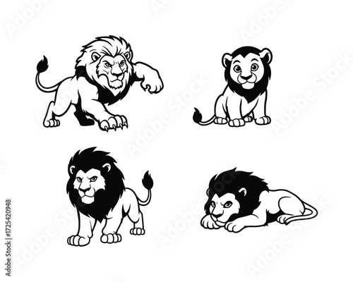 Four stylized cartoon lions in different poses and expressions black and white illustration for design and decoration