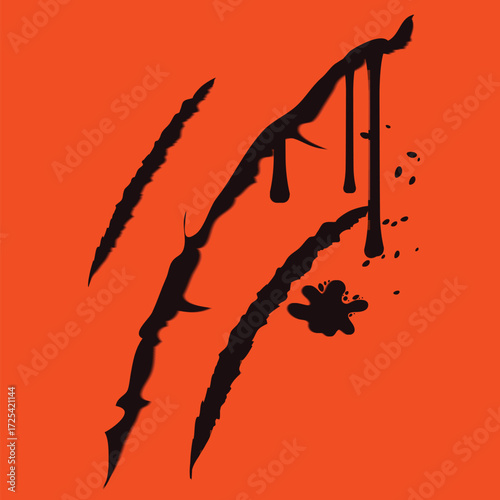 Red scary horror claw scratches on orange Halloween grunge background