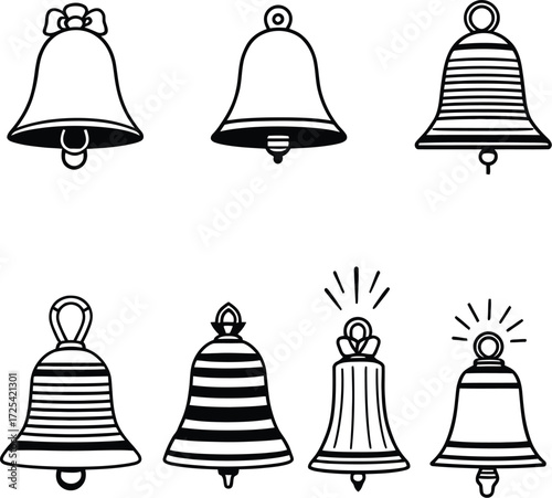 Bell icon set in black vector style featuring 7 unique festive and decorative designs for celebration and sound themes