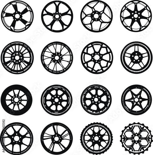 Wheel rim icon set in black vector style featuring 16 unique spoke and gear designs for automotive and mechanical themes