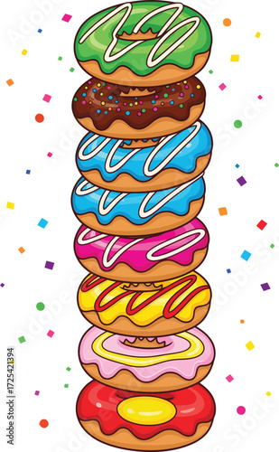 Delicious colorful donuts stacked high create a vibrant and playful sweet treat temptation dessert art