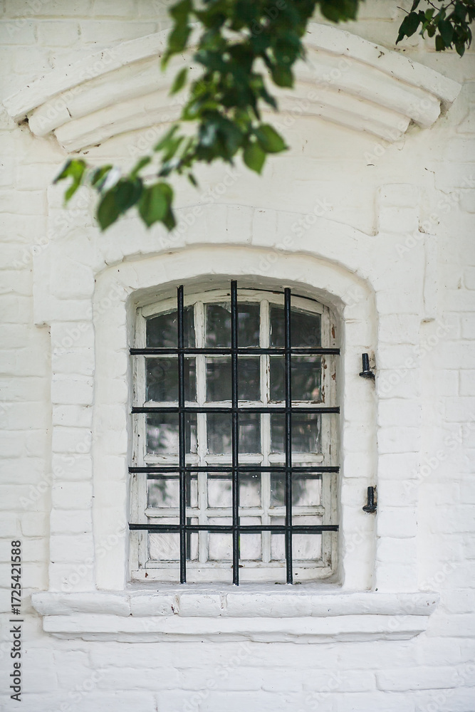 Obraz premium White brick wall with barred window surrounded by green leaves