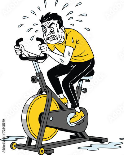Man intensely sweating while doing cardio on an exercise bike for fitness and weight loss goals