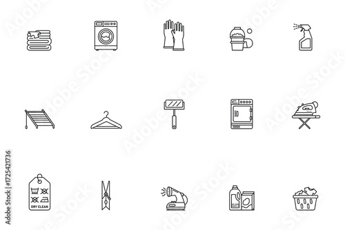 Laundry and Cleaning Household Chores Line Icons