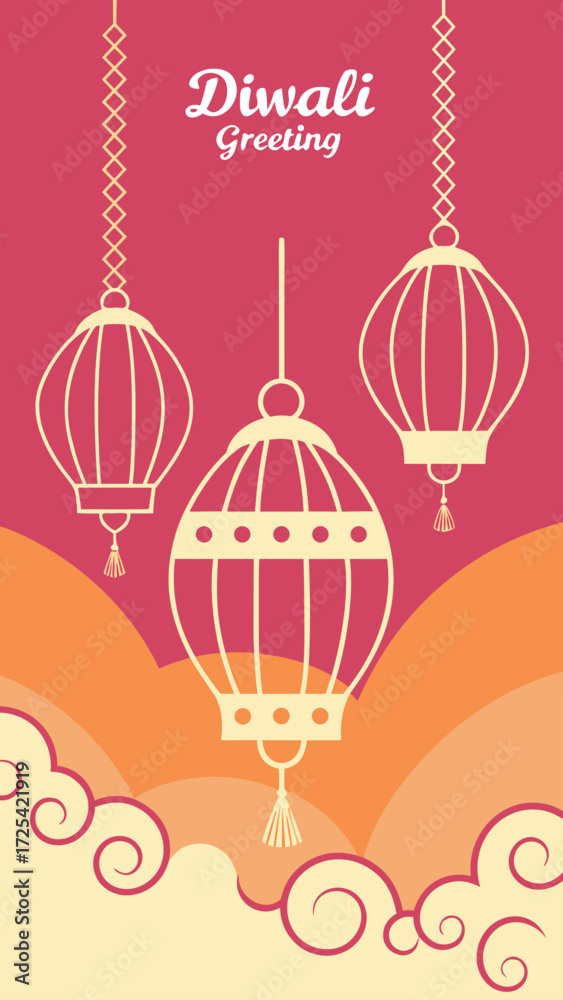 Fototapeta premium Modern Diwali celebration flyer with golden lanterns on gradient pink and orange background