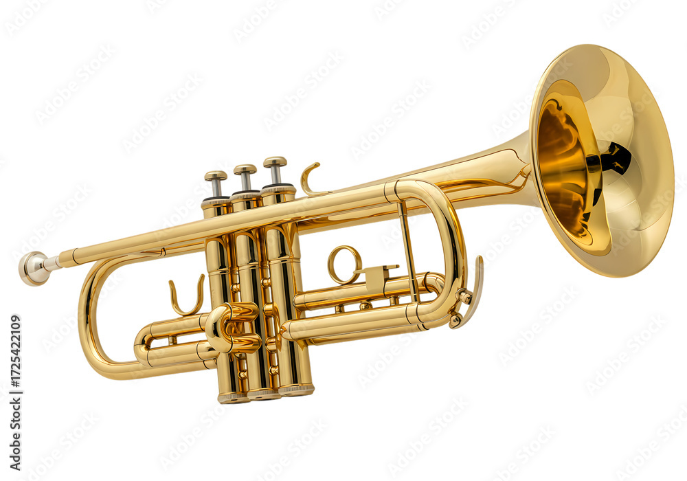 Fototapeta premium Shiny Gold Trumpet; Musical Instrument Close-up on White Background isolated on transparent background