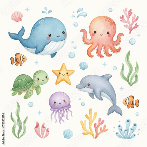 set of sea animals watercolor character sea animals 