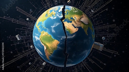 Fractured globe with mismatched seasonal quadrants spinning chaotically amid erratic satellite data.
