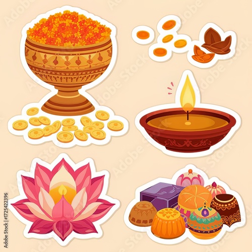 Flat Vector Sticker Set with Festive Marigold Flowers, Diya Lamp, Lotus, and Indian Sweets