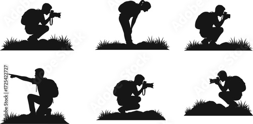 Photography silhouettes, outdoor photographer, camera posture, nature exploration, creative hobby, human gesture, lifestyle art, backpack travel, wilderness