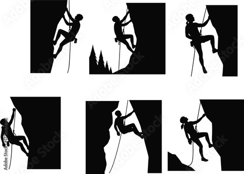 Rock climbing silhouettes, mountain adventure, cliff ascent, outdoor sport, rope safety, harness posture, fitness lifestyle, human gesture, wilderness illustration