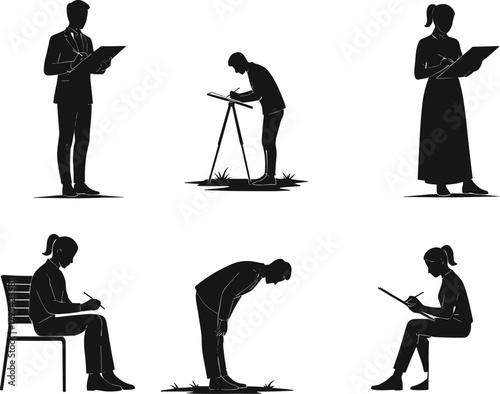 Drawing silhouettes, writing posture, sketching activity, clipboard art, creative hobby, human gesture, lifestyle, artistic study, studio, professional illustration