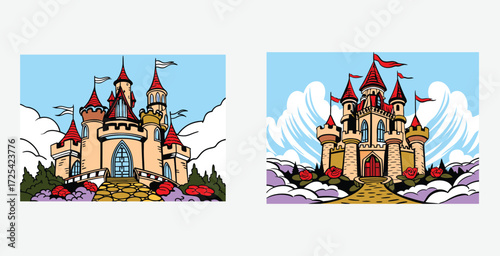 Majestic fairy tale castle perched atop a lush green hill, adorned with intricate towers and spires vector art design