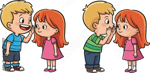 Cartoon boy whispering secret to girl, cute children illustration, kids talking, friendship concept, adorable drawing, playful communication, childhood fun artwork