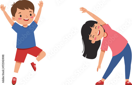 Happy cartoon boy jumping, cute girl stretching exercise, playful children characters illustration, fun fitness activity, healthy lifestyle kids vector artwork