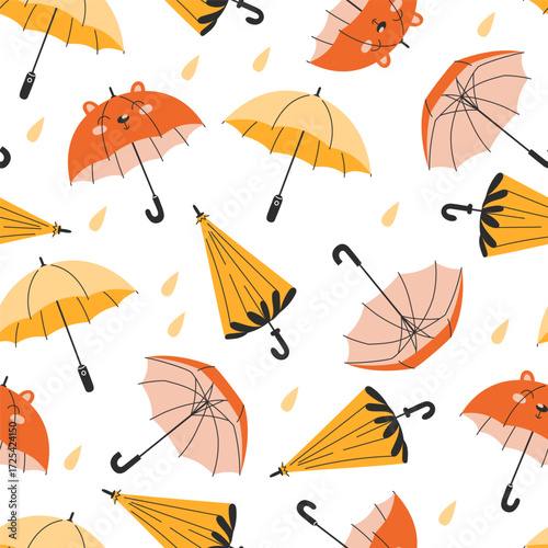 A repeating pattern of umbrellas and raindrops