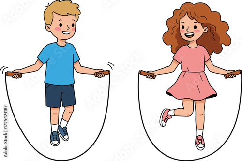Happy children jumping rope, boy and girl skipping, cartoon illustration, playful activity, exercise, fitness, outdoor fun, childhood health concept, vector