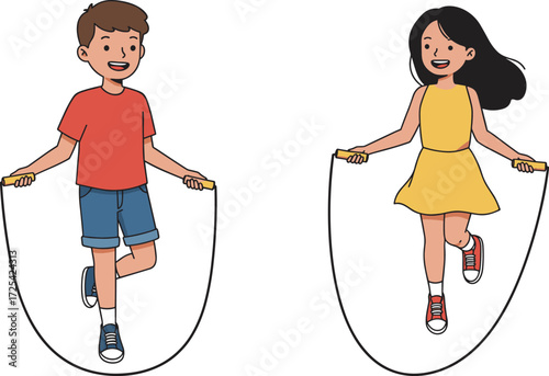 Smiling children skipping rope, boy and girl jumping, cartoon vector, fitness activity, playful exercise, outdoor fun, healthy childhood lifestyle, illustration