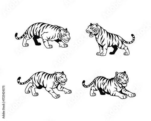 Four dynamic black and white line art illustrations of tigers in various poses showcasing their powerful predatory nature and striped markings