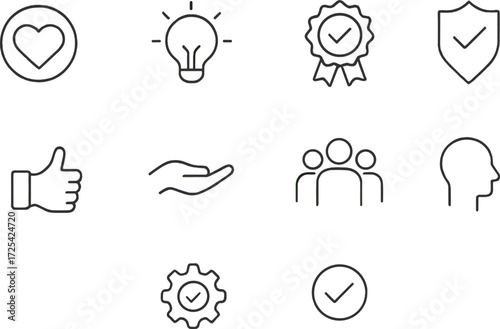 Core values of a company represented through icons displaying innovation, quality, integrity, and teamwork