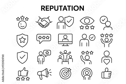Icon set representing reputation and trust with various symbols in a clean design