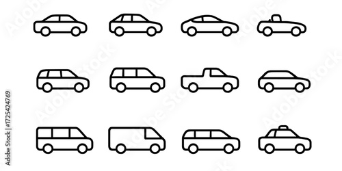Different types of cars illustrated in simple line art style for easy reference and design inspiration