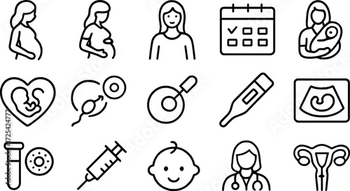 Icons depicting various stages of pregnancy, childbirth, and maternal health in a simple graphic format