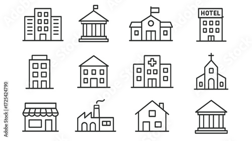 Collection of simple line drawings depicting various building types in a grid layout for architecture inspiration